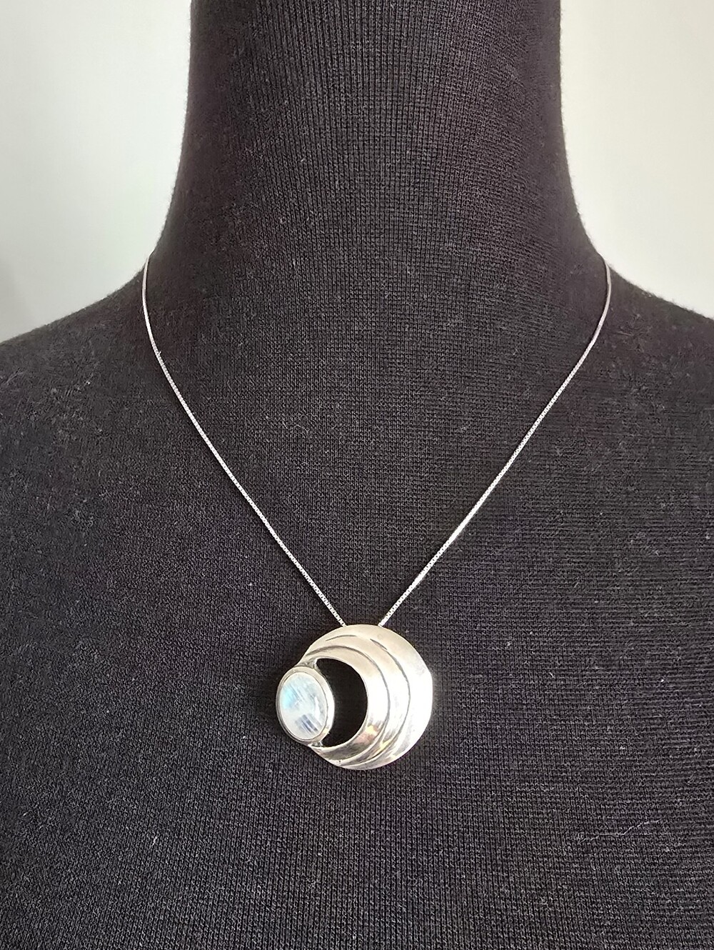 Vintage Handmade Peter Stone Sterling Silver Moon Disc and Moonstone Necklace